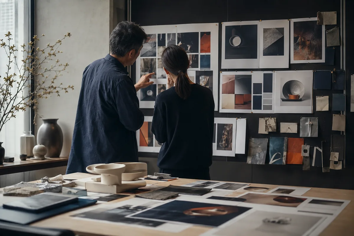 Illustrative scene of a creative team reviewing visual moodboards and campaign concepts