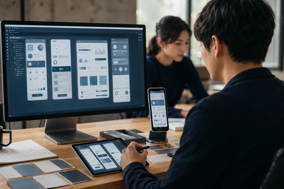 Illustrative scene of a designer evaluating digital experiences across desktop and mobile devices