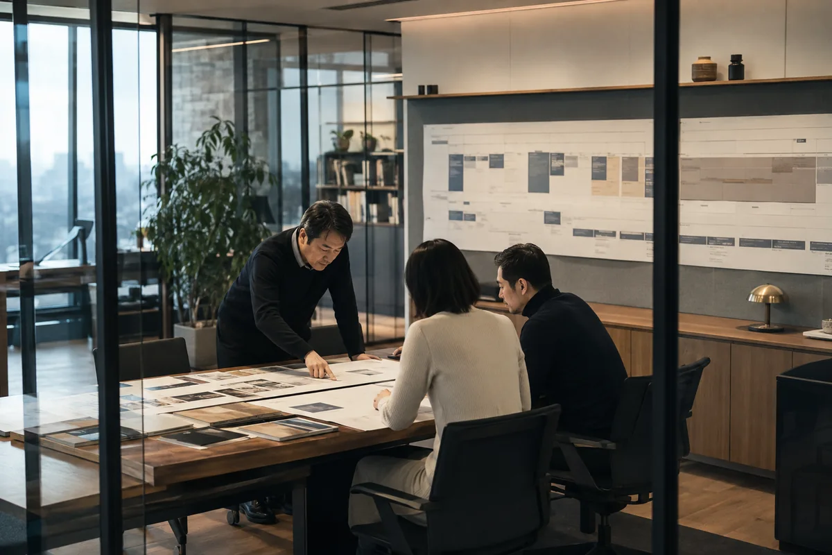 Illustrative scene of a project team discussing plans and delivery in a studio